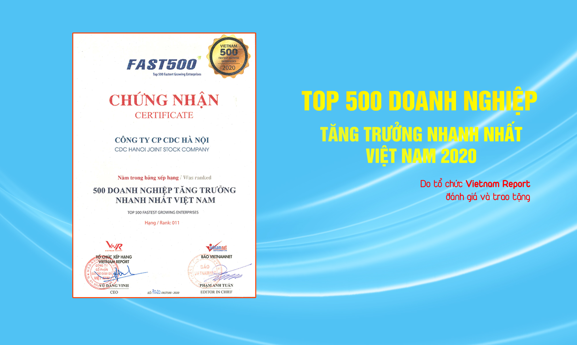 CDC Hà Nội đạt Top 11/500 Doanh nghiệp tăng trưởng nhanh nhất Việt Nam